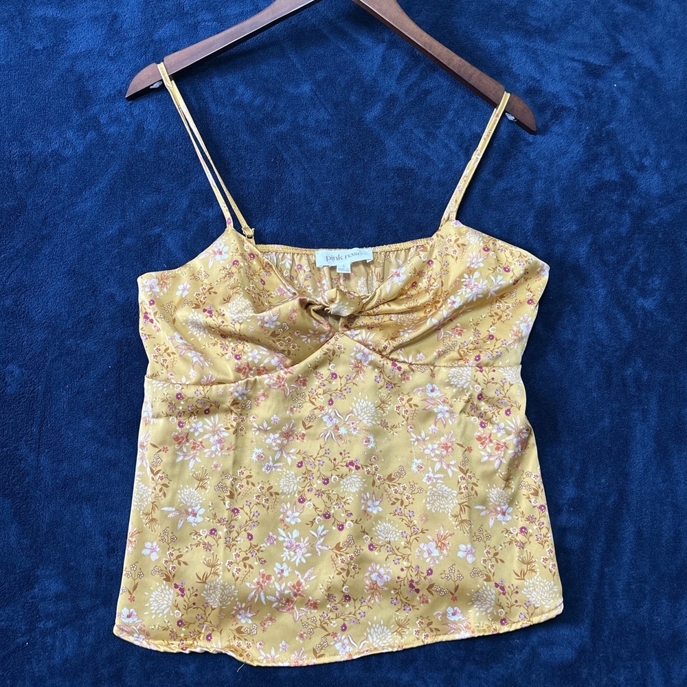 Pink Rose Womens Babydoll Cami Tank Top Size L Gold Satin Knotted Cropped Dainty